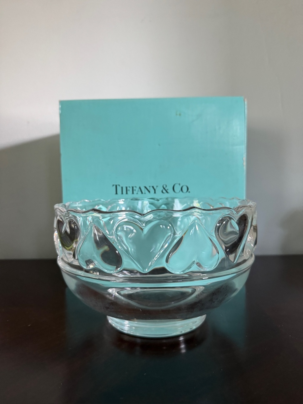 Tiffany & Co. Clear Crystal Heart Bowl with Blue Accent